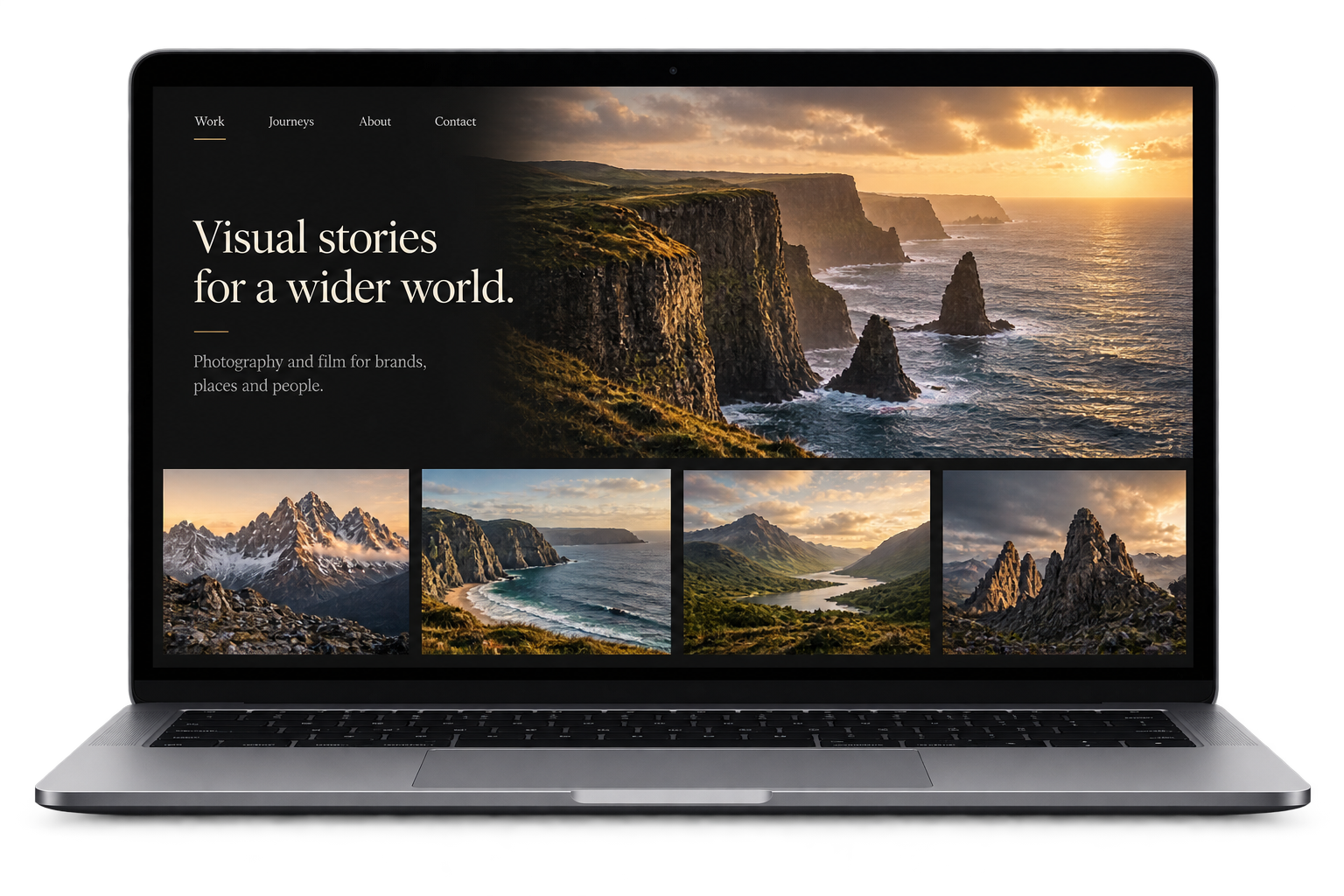 Photography website design shown on a laptop
